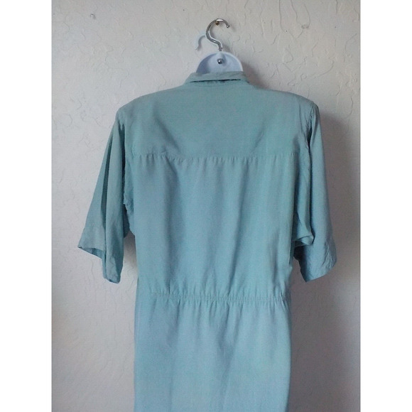 VTG 100% Silk Oleg Cassini Blue Teal Midi Dress Women 8 Faux Wrap Utility 90s - Picture 7 of 11